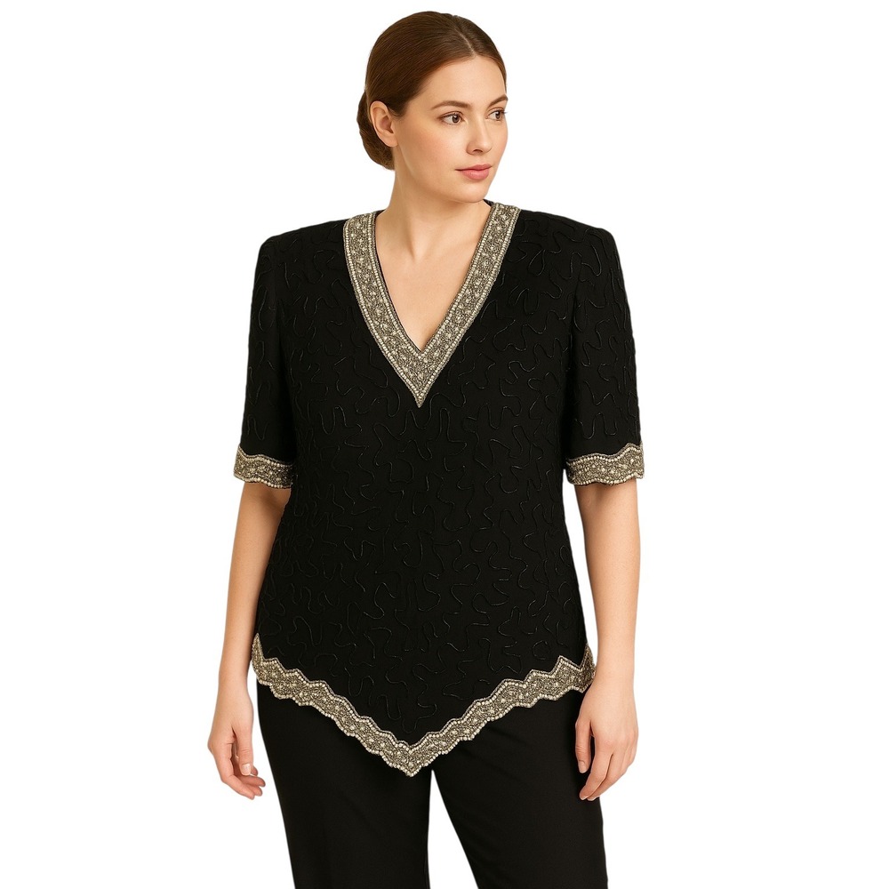 Laurence Kazar Black Top with Gold Embellished Trim